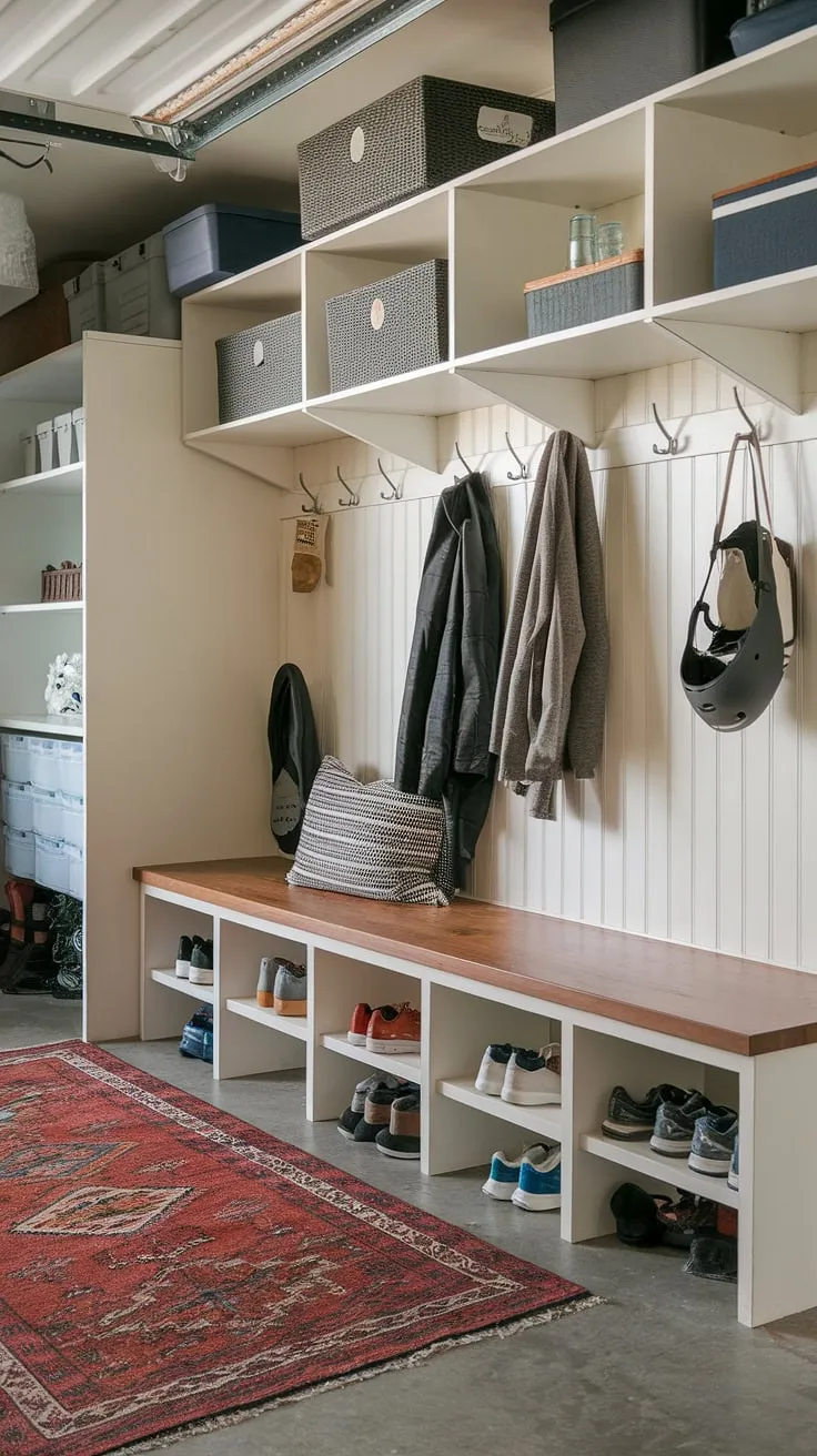 Transform your garage entryway into a functional and inviting mudroom garage. This garage mudroom entryway proves that garage organizing doesn't have to sacrifice style.