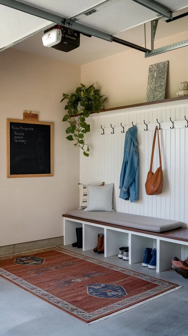 From drab garage to fab mudroom garage! This garage entryway makeover is a masterclass in garage organizing. The built-in bench, ample hooks, and stylish rug create a designated drop zone, keeping everything tidy. The overhead lighting and added shelving provide practical garage storage inspiration, proving that even a garage can be a beautiful and functional space.