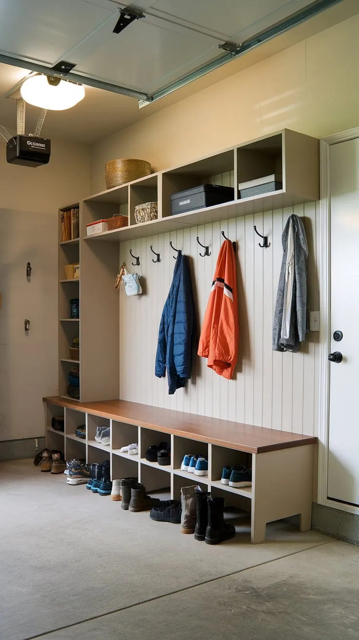 Step into organized chaos! This bright and functional garage mudroom entryway boasts a dedicated drop zone, making coming and going a breeze.  The built-in bench with cubbies, coat rack, and ample hooks provide garage storage inspiration for even the busiest family.  Garage organizing has never looked so good.