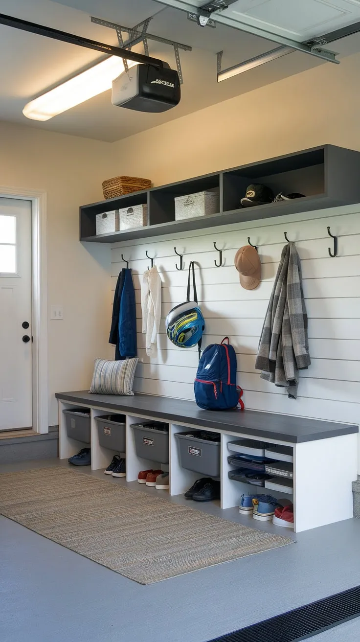 This garage mudroom entryway is the ultimate garage drop zone, transforming a chaotic entry into an organized and functional space.  The built-in bench with storage bins, coat rack, and shelf provide ample garage storage inspiration, making garage organizing a breeze.  This mudroom garage design is the perfect blend of style and practicality.
