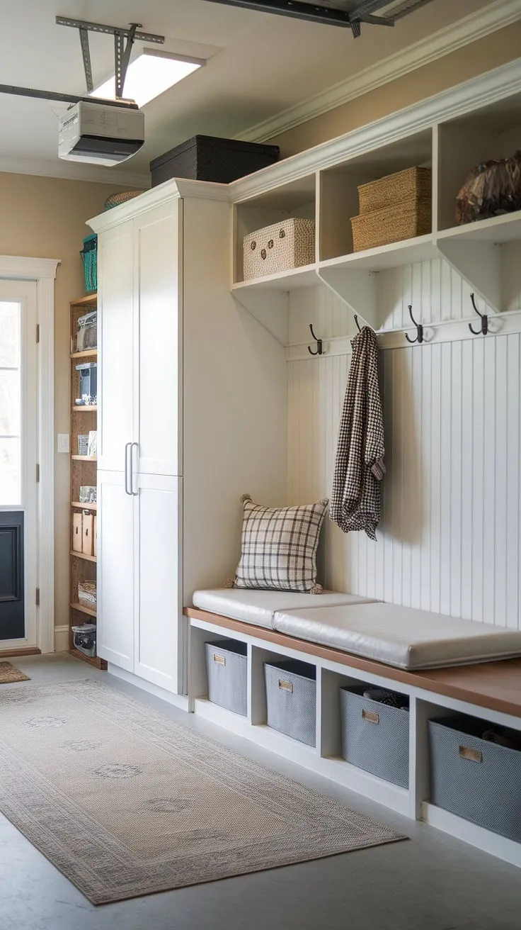 Step into effortless organization with this dreamy garage mudroom entryway.  The perfect blend of style and function, this garage drop zone offers ample storage solutions, transforming a cluttered space into a welcoming garage entryway.  Get inspired by this garage storage inspiration and conquer garage organizing chaos.