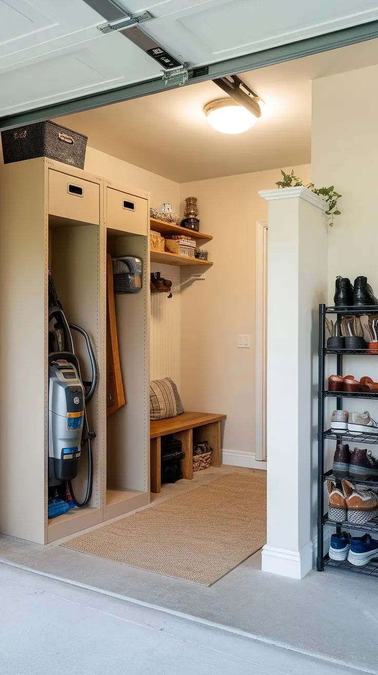 Step into effortless organization with this bright and functional garage mudroom entryway.  The dedicated garage drop zone keeps everything in its place, from shoes neatly stored on the black rack to cleaning supplies tucked away in the beige storage unit. This garage storage inspiration proves that even a garage entryway can be stylish and supremely practical.  Garage organizing has never been easier.