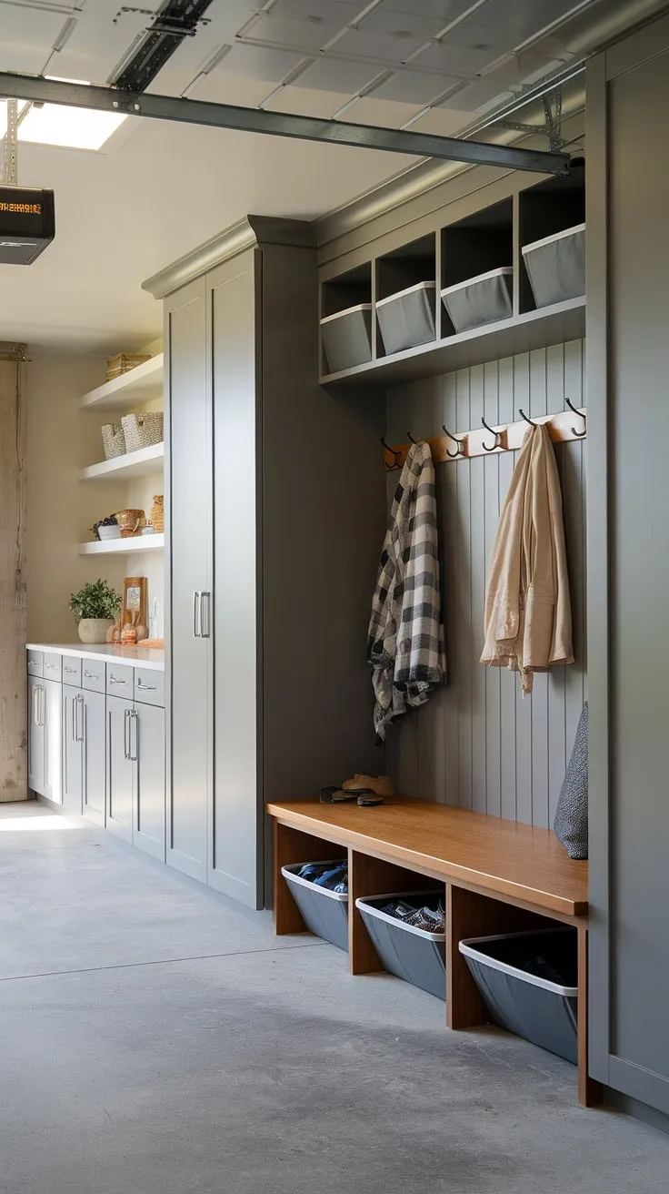 Transform your garage entryway into a functional mudroom garage. This garage drop zone design proves that garage organizing doesn't have to be a chore.