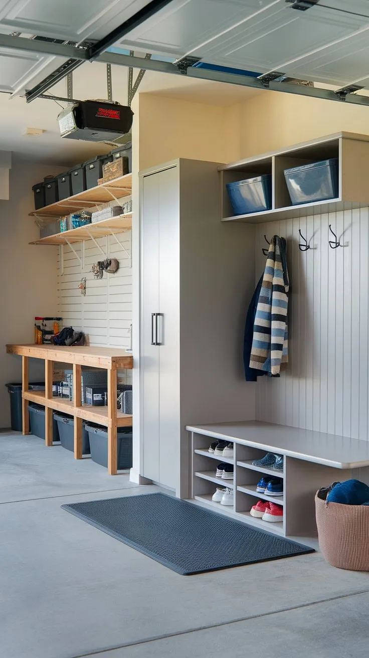 This mudroom garage entryway is the ultimate in garage organizing and garage storage inspiration. The clever design incorporates a dedicated garage drop zone with a mat and basket, a handy bench with storage bins for shoes and gear, a coat rack, and even overhead shelving for maximum use of space. The workbench adds functionality, making this mudroom garage a truly efficient and stylish space.