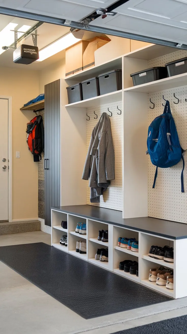 Step into organized chaos: This garage mudroom entryway boasts ample storage, a dedicated garage drop zone, and clever garage organizing solutions. Mudroom garage perfection!