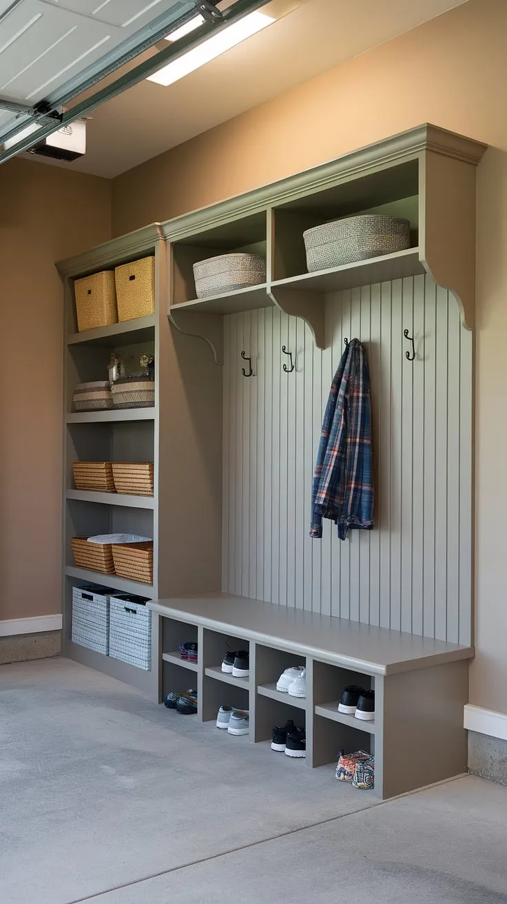 This bright and functional garage mudroom entryway boasts a practical drop zone, complete with a built-in bench, cubbies for shoes, and a coat rack. The added shelf provides ample garage storage inspiration, making this mudroom garage a true example of garage organizing. The concrete floor adds a touch of industrial chic to this well-designed garage entryway.