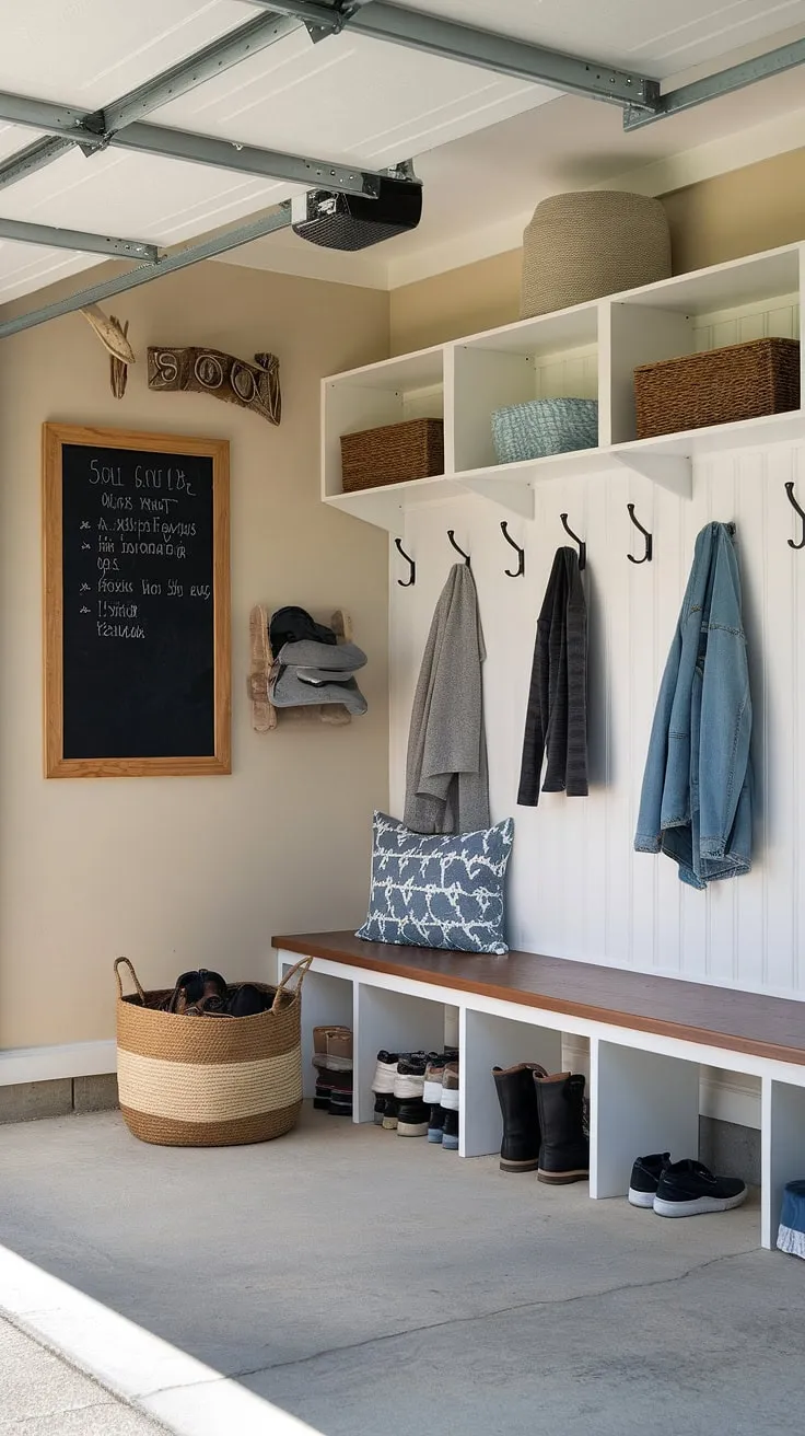 This mudroom garage transformation is pure garage entryway goals. Clever storage solutions and a cheerful chalkboard make this garage organizing project a winner. The perfect garage mudroom entryway for busy families.