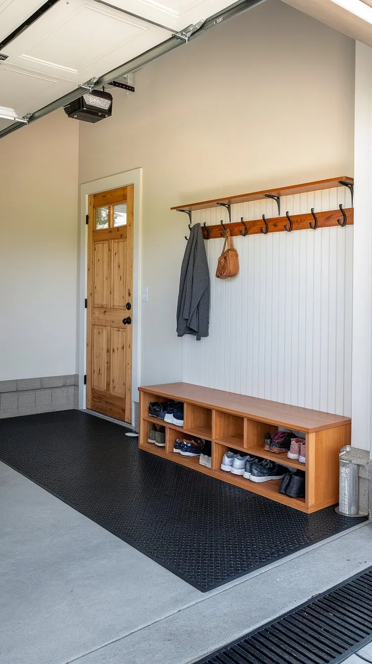 Step into this inviting mudroom garage, a perfectly planned garage entryway and garage drop zone. The combination of a sturdy wooden bench with cubbies, a convenient coat rack, and a smart shoe storage unit provides ample space for organization. The rubber flooring and wall-mounted hooks add to the functionality, making this garage organizing solution a true inspiration for maximizing space and minimizing clutter.