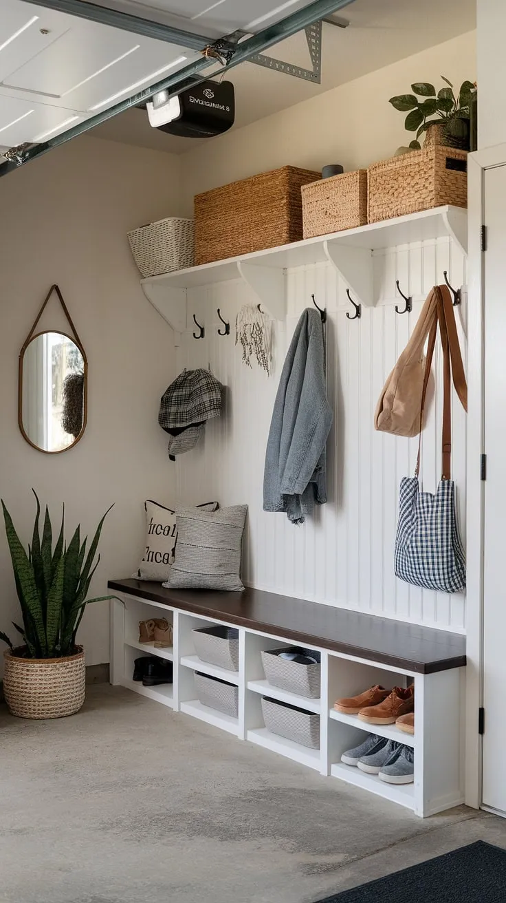 Say goodbye to garage chaos! This mudroom garage boasts a brilliantly organized garage drop zone.  The concrete floor, practical storage solutions, and thoughtful design elements make this garage entryway both efficient and inviting.  Find your garage storage inspiration here.