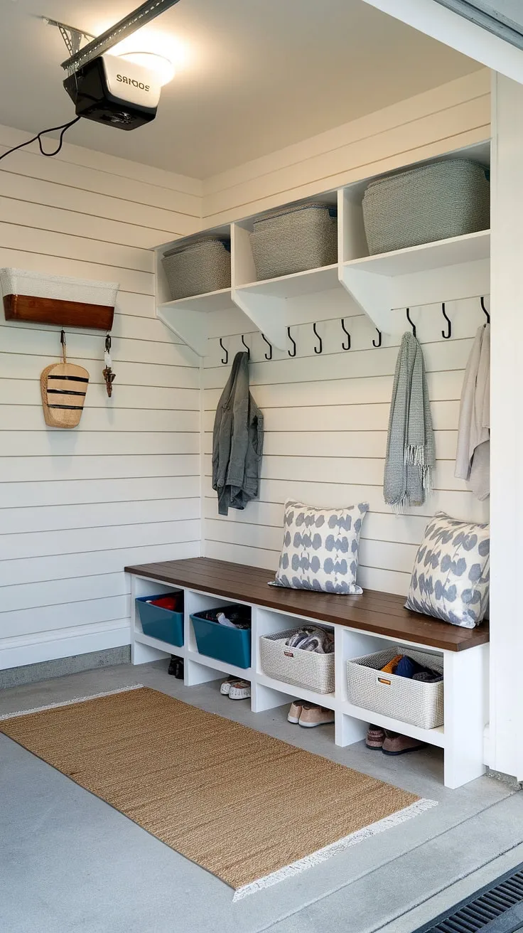 Say goodbye to clutter and hello to this dreamy mudroom garage! This garage drop zone is the perfect blend of practicality and style, featuring ample storage solutions and a welcoming atmosphere.  Find your garage organizing inspiration here, turning your garage entryway into a space you'll love.  This mudroom garage is the ultimate in garage storage inspiration.