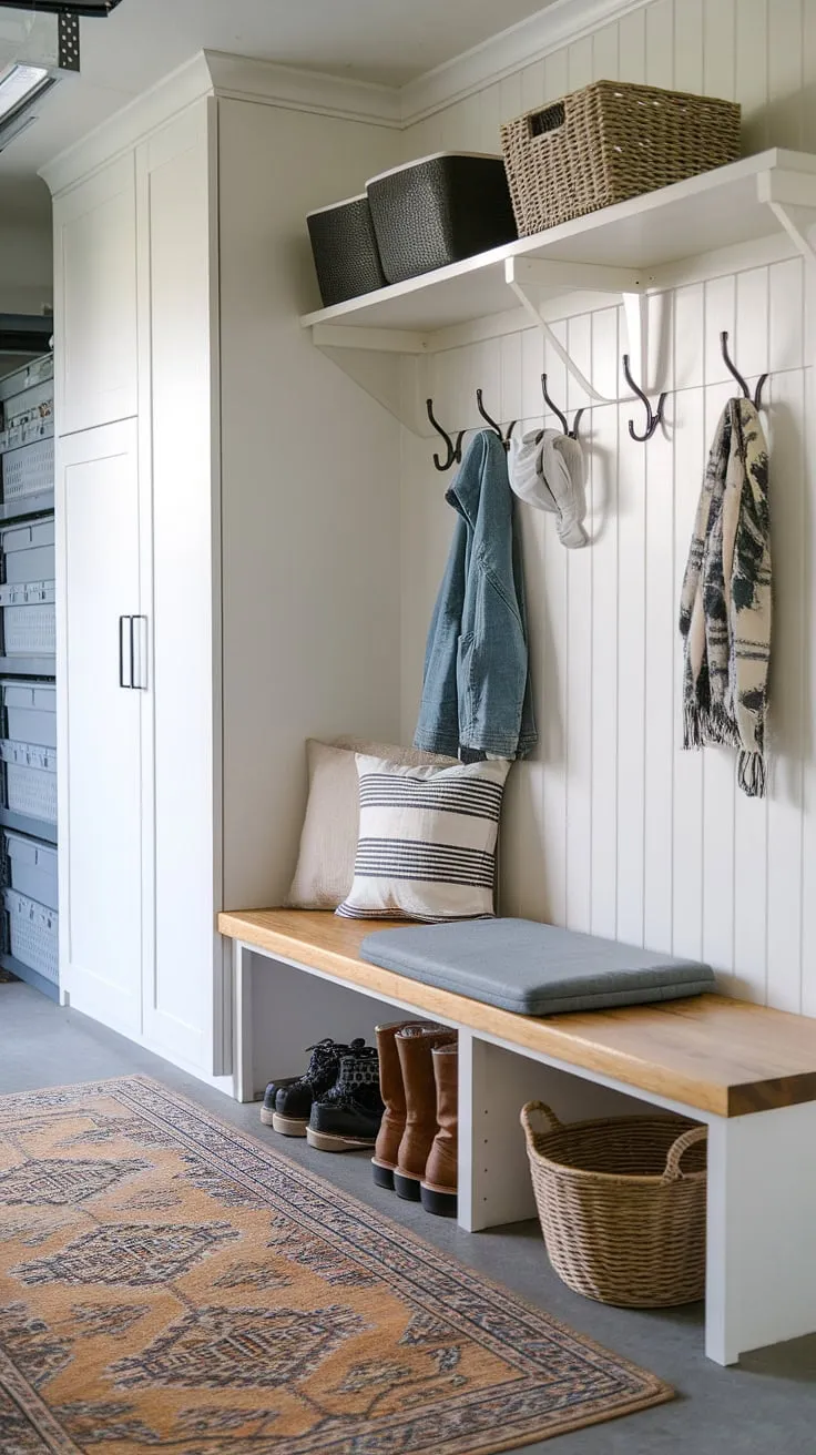 Transform your garage entryway into a functional and stylish mudroom garage. This garage drop zone boasts clever storage solutions, from the cushioned bench to the overhead shelf, making this mudroom garage the envy of all.  Get inspired for your own garage storage inspiration and garage organizing projects.