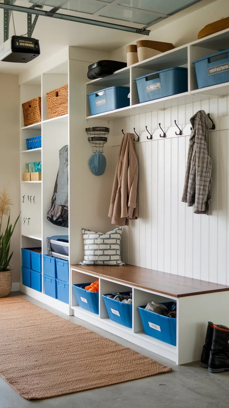 Garage organizing goals! This mudroom garage boasts a stylish and practical garage entryway, complete with a dedicated garage drop zone and ample storage. Find your garage storage inspiration here.