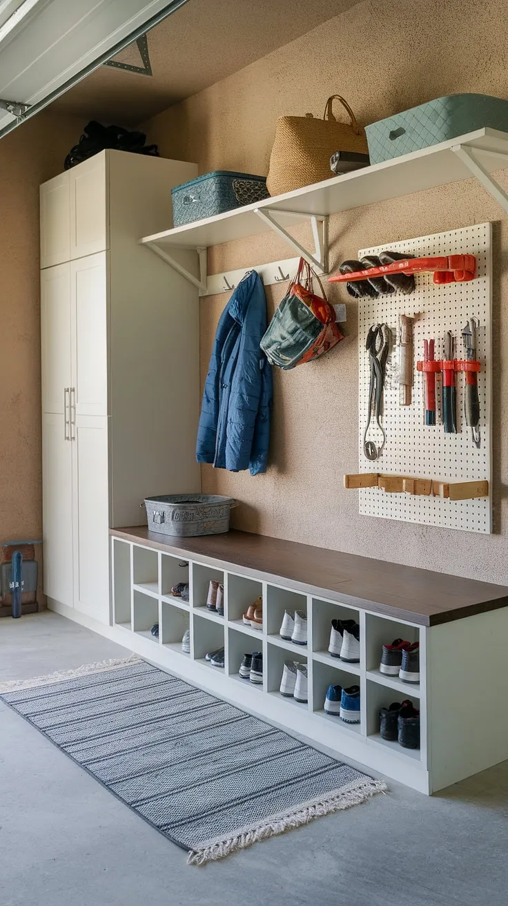Step into organized chaos: This garage mudroom entryway boasts a practical drop zone, clever storage solutions, and a welcoming feel. Garage storage inspiration at its finest.