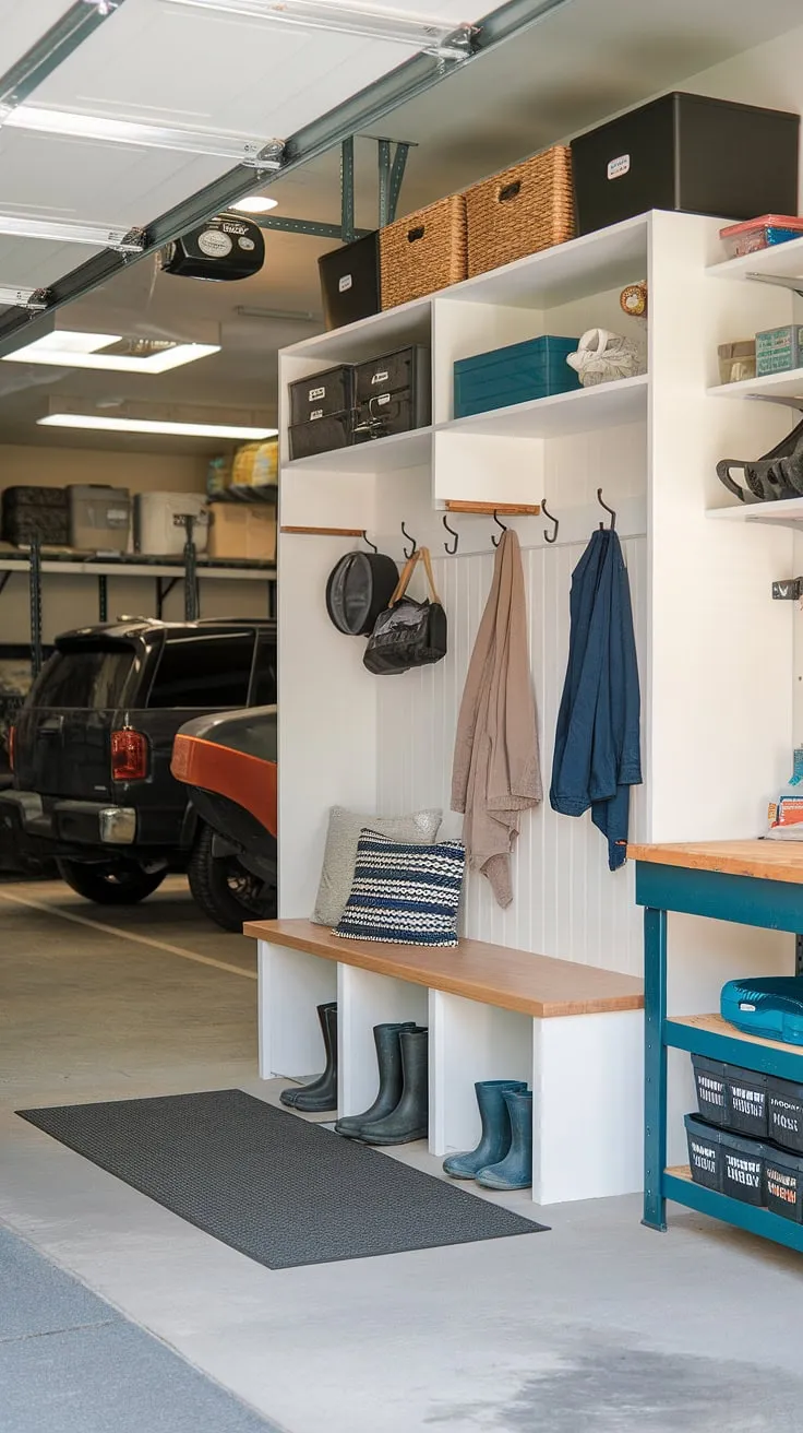 This mudroom garage entryway is the ultimate in garage organizing and garage storage inspiration. The designated garage drop zone, complete with shelves, a bench for sitting, and a rug for wiping muddy boots, keeps everything tidy. Hooks for coats and bags add to the functionality, while the nearby workbench and vehicles remind us this is a true garage entryway, seamlessly blending practicality with organization.
