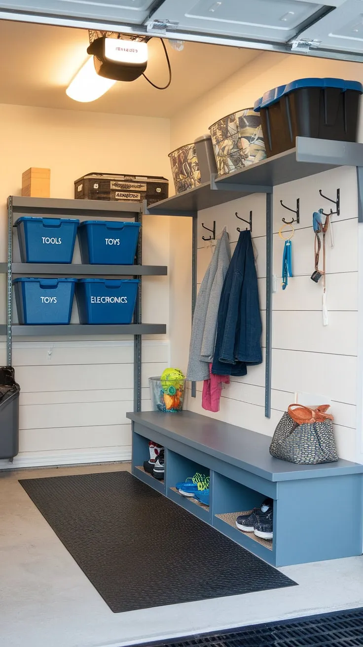 This garage entryway is transformed into a highly efficient garage mudroom. Clever garage organizing solutions, like labeled storage bins, a coat rack, and key hooks, create a designated garage drop zone. This mudroom garage provides ample storage and keeps everything in its place, offering serious garage storage inspiration. The durable floor mat adds the perfect finishing touch.