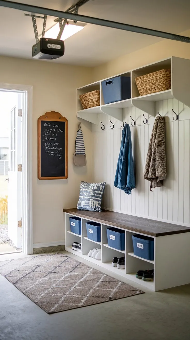 Step into organized chaos with this bright and functional garage mudroom entryway. The perfect garage drop zone, complete with storage solutions and a chalkboard for family messages makes garage organizing a breeze.