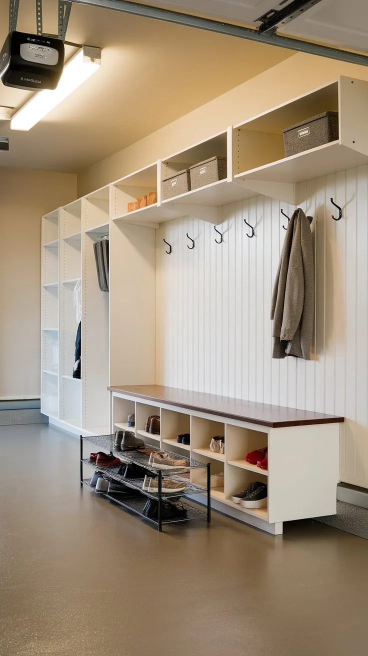 This bright and functional garage mudroom entryway boasts a practical drop zone, complete with a shoe rack, storage bench, and coat rack. The durable epoxy floor and ample shelving provide smart garage storage inspiration, making garage organizing a breeze. This mudroom garage transformation is the perfect blend of style and functionality.