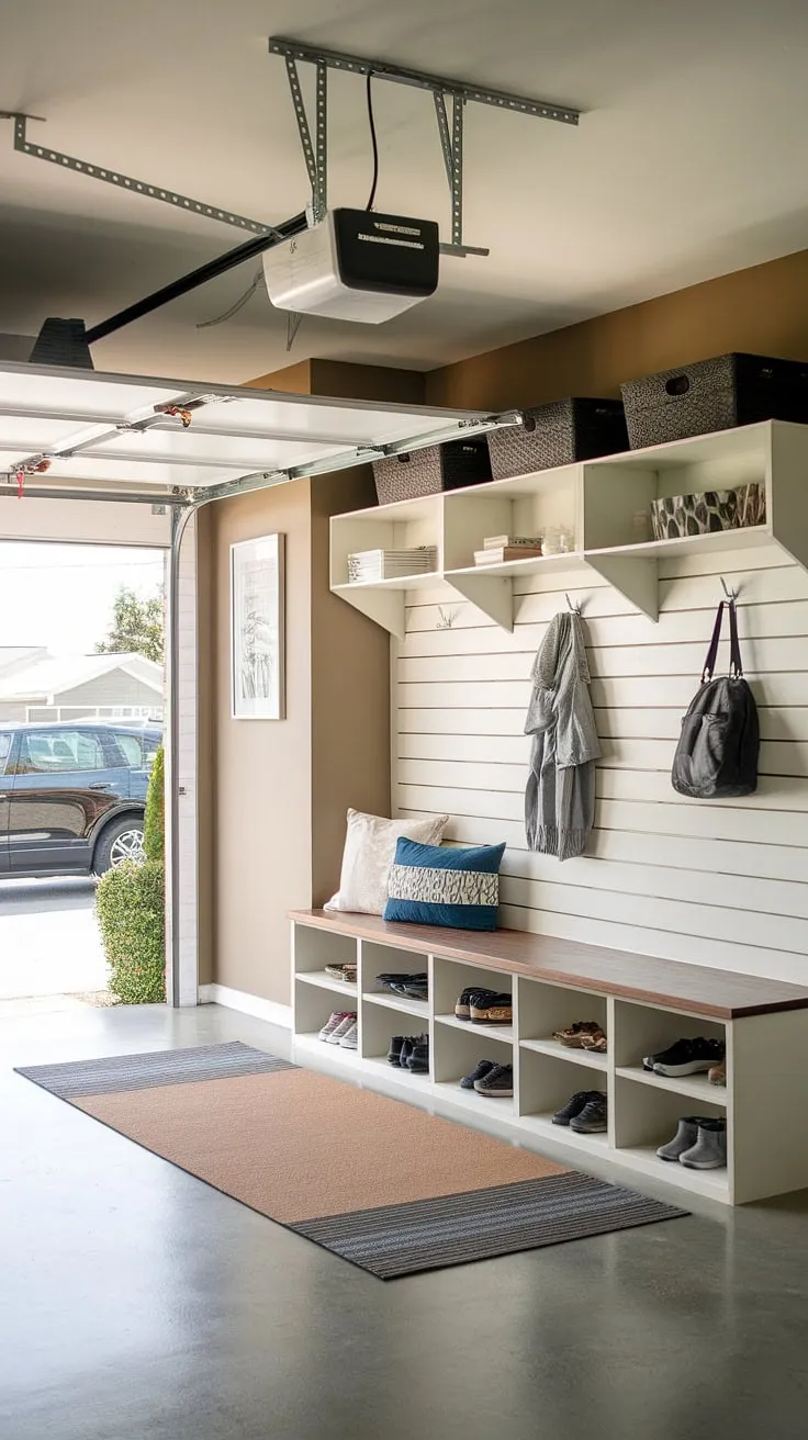 Organized chaos? This garage mudroom entryway boasts ample storage, a convenient drop zone, and a welcoming bench—the perfect blend of garage storage inspiration and garage organizing.