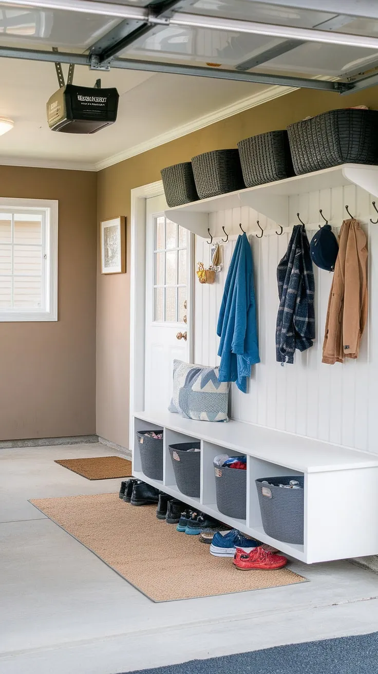 Transform your garage entryway into a practical and inviting mudroom garage. This garage drop zone offers clever garage organizing solutions, making everyday life easier.