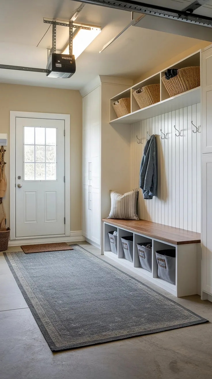 Transform your garage into a stylish and efficient mudroom garage. This garage drop zone boasts clever storage solutions, from the built-in bench with storage bins to the wall-mounted hooks and shelves.  Find your garage organizing inspiration in this perfectly planned garage entryway.