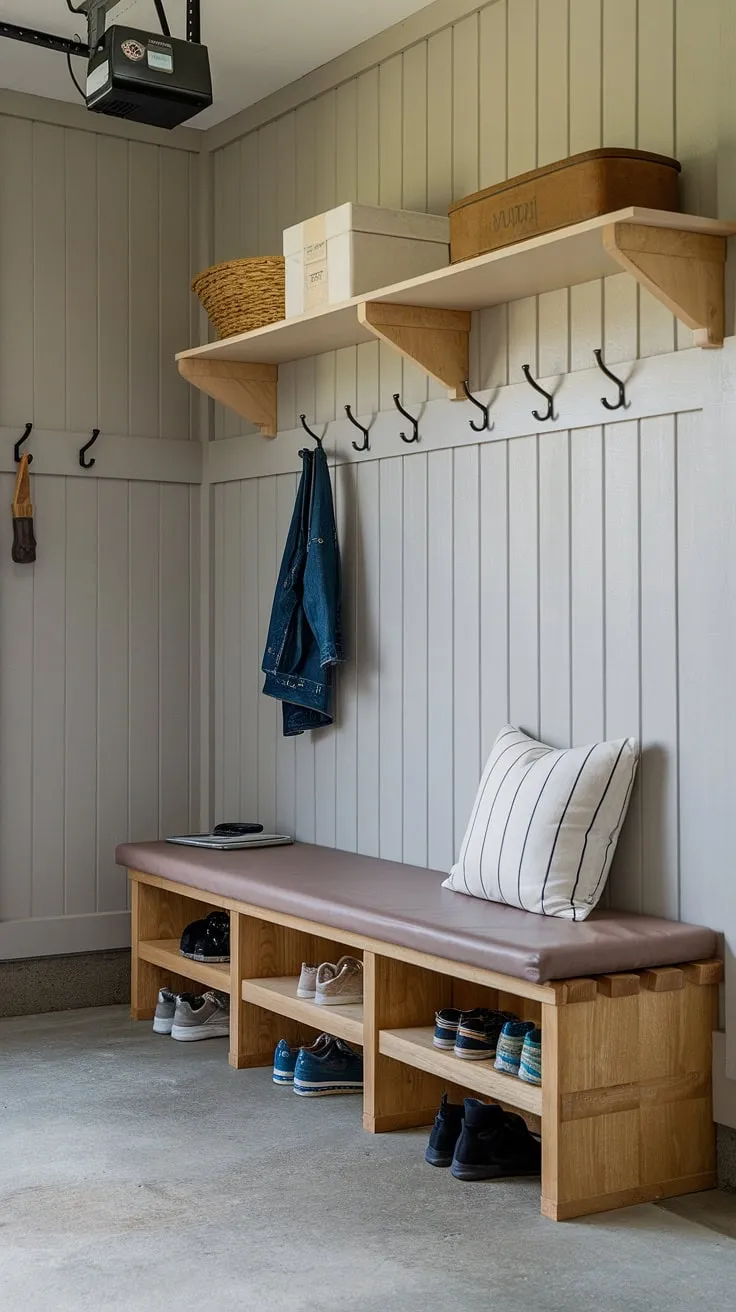 This garage mudroom entryway is the ultimate garage drop zone, seamlessly blending function and style.  The built-in bench offers a comfy spot to kick off shoes, while the overhead shelving and wall hooks provide ample garage storage inspiration for keeping everything organized.  A perfect example of garage organizing and maximizing space in your garage entryway.