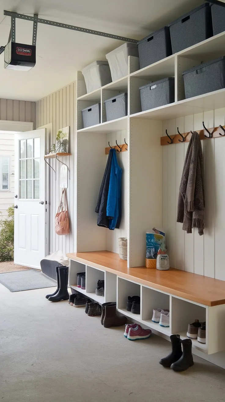 Finally, a garage entryway that's both organized and inviting! This mudroom garage boasts a fantastic drop zone, complete with built-in storage solutions that maximize space and minimize clutter.  Get inspired by this garage storage inspiration and transform your own garage organizing woes into a thing of the past.
