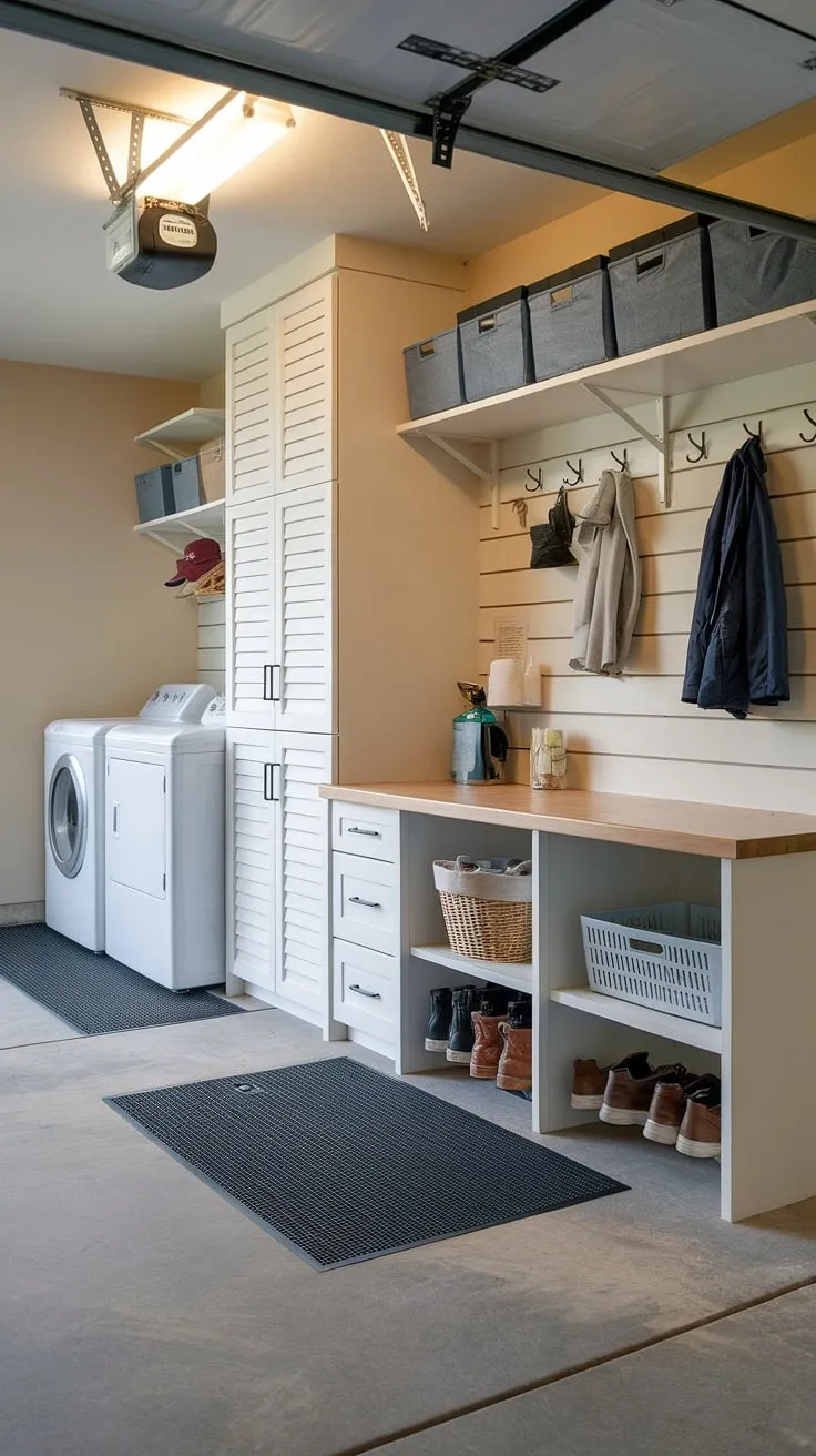 Step into effortless organization with this garage mudroom entryway.  The dedicated drop zone, complete with washer/dryer, countertop storage, and ample hanging space, transforms this garage entryway into a functional and stylish hub.  This garage storage inspiration proves that even a garage can be a haven of order.  Garage organizing has never been easier.