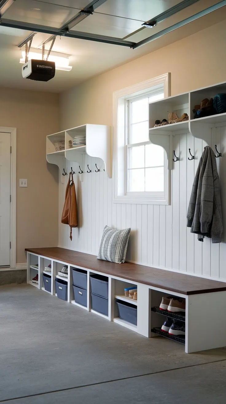 This bright and functional garage mudroom entryway is the ultimate garage drop zone.  The built-in bench with storage bins, coat rack, and shoe rack provide ample space for garage organizing, making this mudroom garage a true garage storage inspiration.