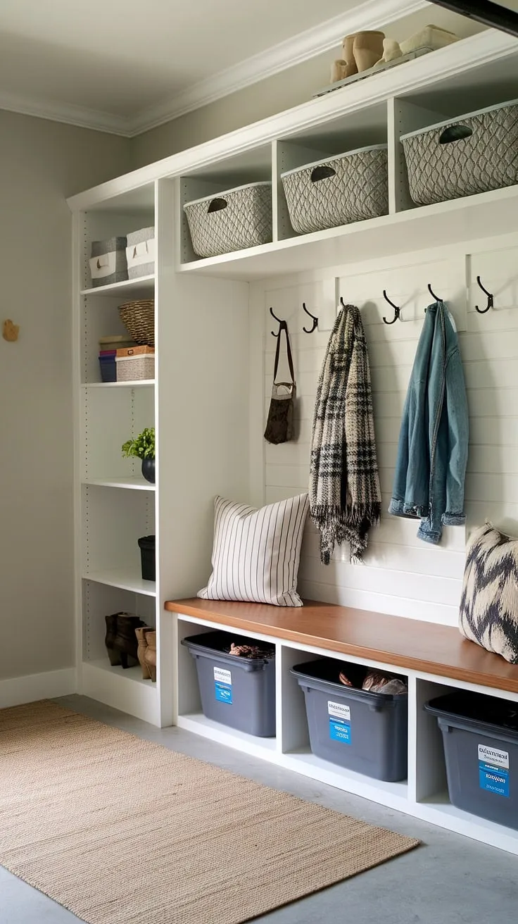 Transform your garage entryway into a haven of order with this inspiring garage drop zone.  Clever storage solutions, from the bench with storage bins to the wall-mounted shelves, make garage organizing a simple task. This mudroom garage design is the perfect blend of practicality and style.