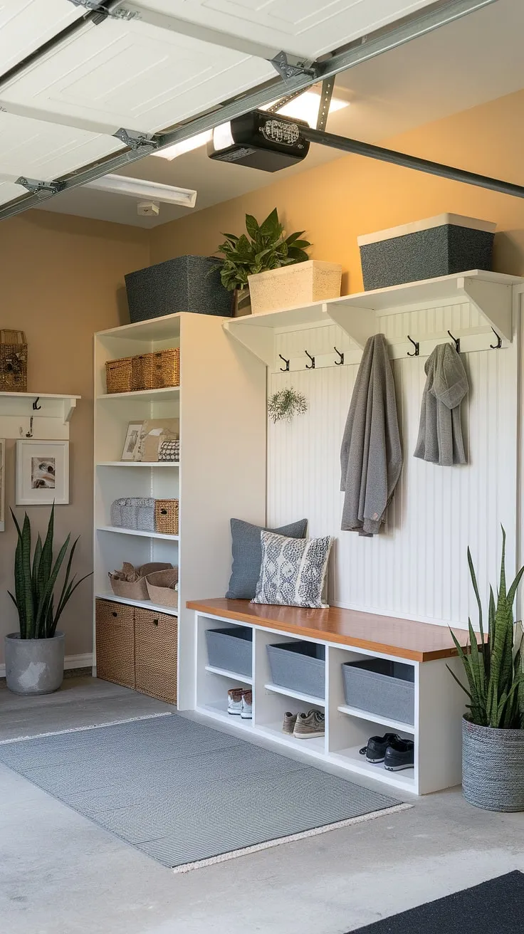 From cluttered garage to organized mudroom entryway! This garage drop zone transformation boasts ample storage, a cozy bench, and stylish shelving – the ultimate garage storage inspiration for efficient garage organizing.  This mudroom garage proves that even a garage can be a welcoming and functional entryway.