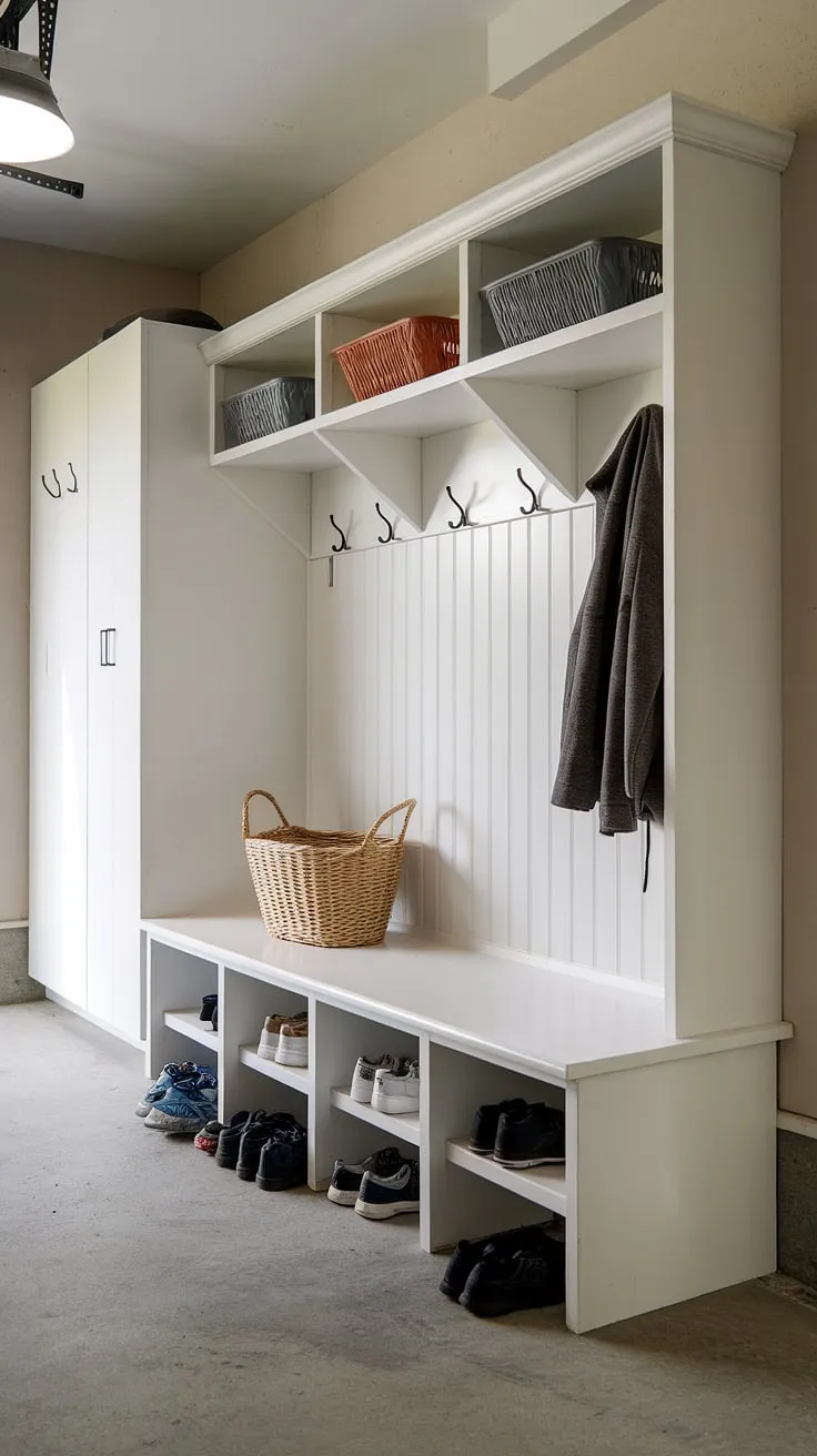 This mudroom garage entryway is the ultimate garage drop zone.  Say goodbye to clutter and hello to streamlined garage storage inspiration!  The white bench with cubbies, coat rack, and ample hooks provide the perfect solution for garage organizing, turning this garage entryway into a functional and stylish space.