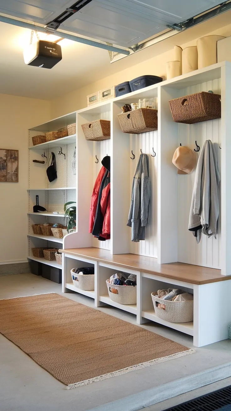 Step into effortless organization with this bright and functional garage mudroom entryway.  The dedicated drop zone, complete with bench, cubbies, and hooks, makes managing coats, hats, and shoes a breeze.  This garage storage inspiration showcases how clever shelving and baskets transform a garage entryway into a stylish and efficient mudroom garage.