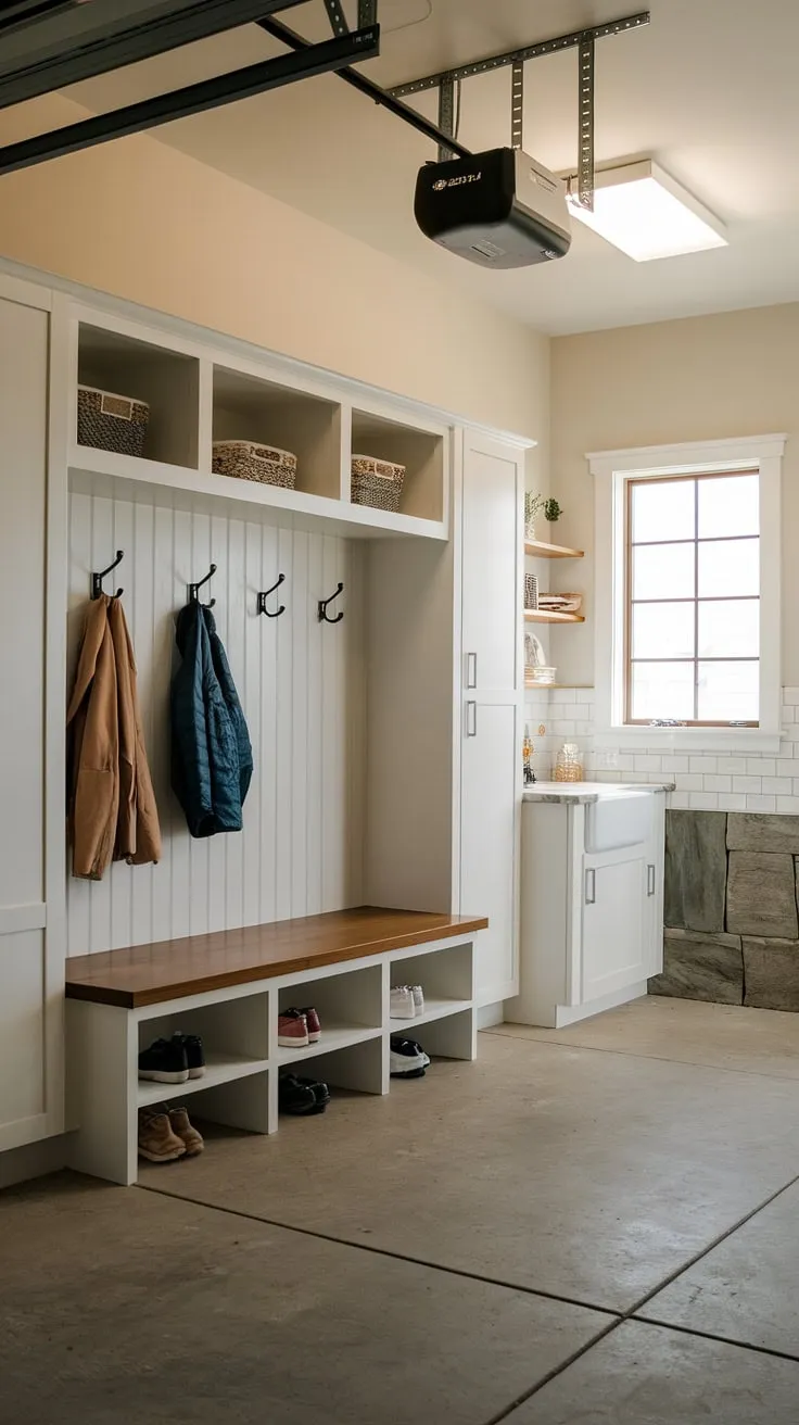 Step into ultimate organization with this bright and functional garage mudroom entryway.  The dedicated drop zone, complete with bench, hooks, and shelving, makes managing coats, shoes, and everyday clutter a breeze. This garage storage inspiration transforms a typically chaotic space into a streamlined and efficient mudroom garage.