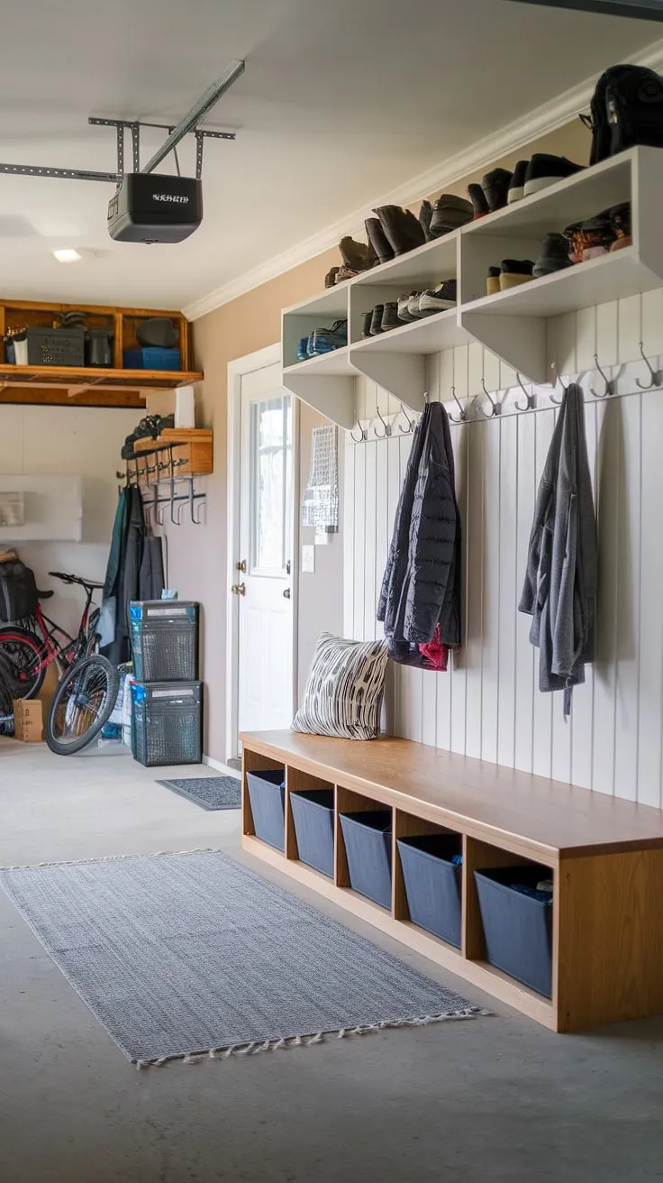 This mudroom garage entryway is the ultimate garage drop zone, seamlessly blending functionality and style.  The long bench with storage bins, coat hooks, and shoe shelf provides ample space for organization, while the overall design offers serious garage storage inspiration for maximizing your space.  This garage organizing solution transforms a cluttered garage into a welcoming and efficient entryway.