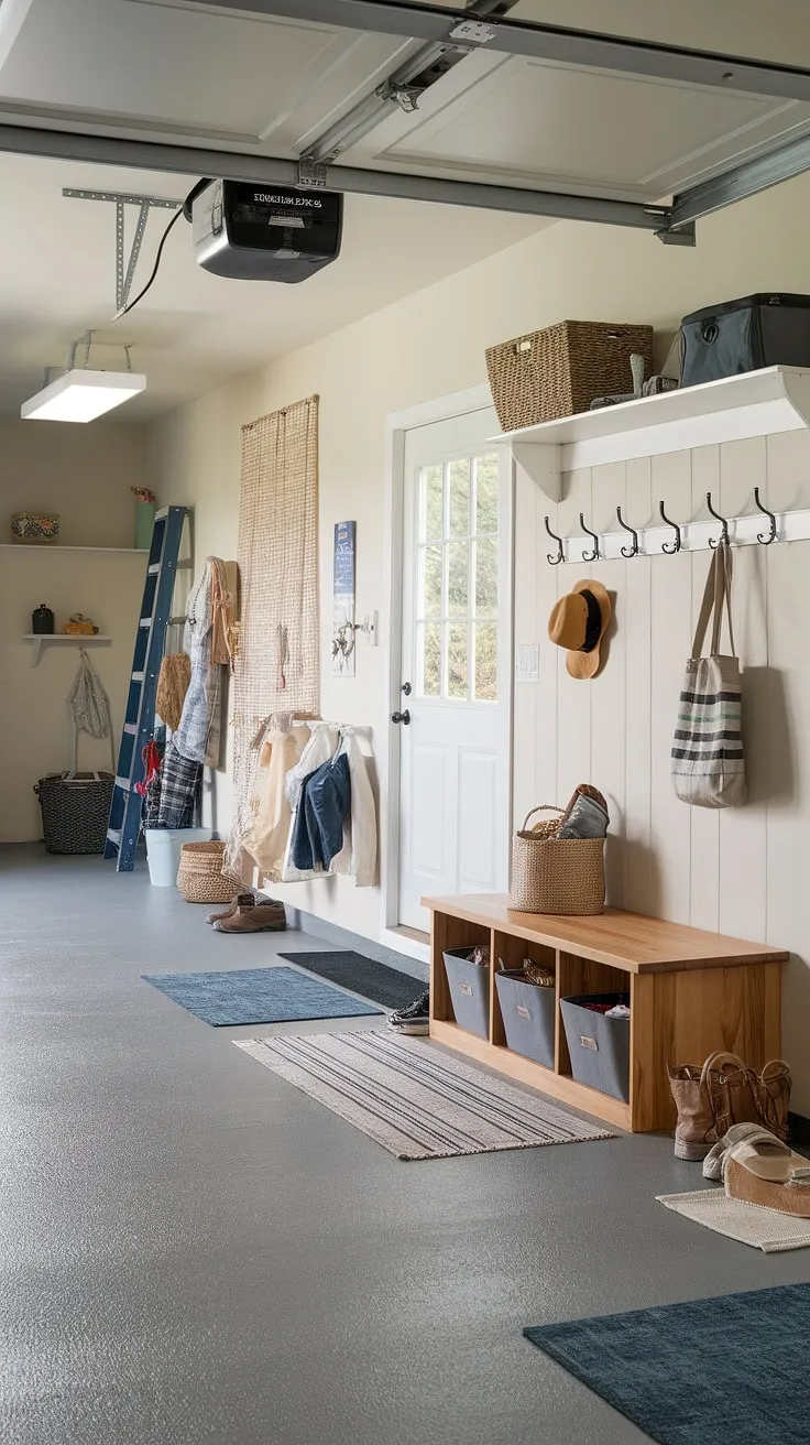 This garage entryway is the ultimate blend of style and function.  Our garage drop zone solution, complete with a built-in bench and clever storage, makes coming and going a breeze.  Find your own garage organizing inspiration in this mudroom garage makeover â€“ proving that even a garage can be a beautiful and organized space.