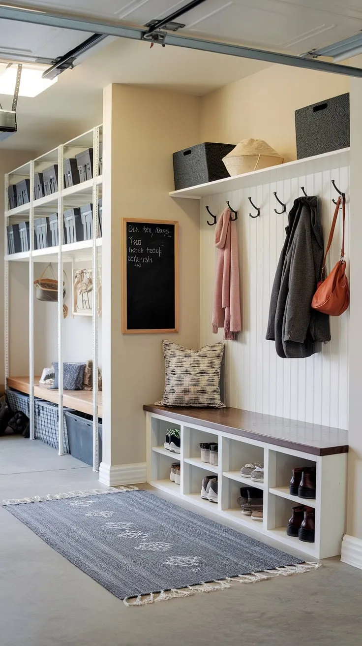 Step into effortless organization with this dreamy garage mudroom entryway.  The dedicated drop zone, complete with bench seating, cubbies, and coat rack, keeps everything in its place.  This mudroom garage showcases clever garage storage inspiration and practical garage organizing solutions, transforming a cluttered space into a welcoming and functional garage entryway.