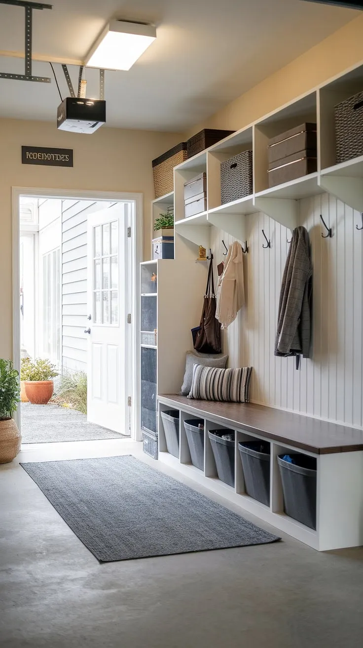 Transform your garage entryway into a haven of order with this inspiring garage drop zone.  This mudroom garage boasts ample storage solutions, from shelves to a convenient bench, proving that garage organizing doesn't have to compromise on style.  Get inspired for your own garage storage solutions.