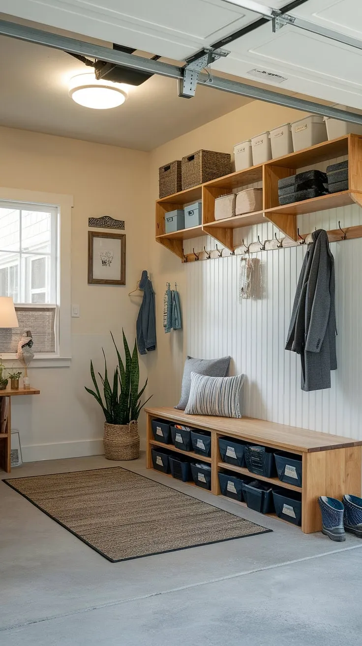 This bright and functional garage mudroom entryway is the ultimate garage drop zone, offering seamless garage storage inspiration.  The built-in bench with storage bins, coat rack, and ample shelving provide the perfect solution for garage organizing, transforming this mudroom garage into a welcoming and efficient space.
