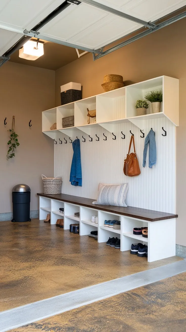 Say goodbye to clutter and hello to this beautifully organized mudroom garage! This garage drop zone offers ample storage with hooks, a built-in bench, and a trash can, making this garage entryway the ultimate solution for garage organizing.  Find your inspiration for a more efficient and stylish home.