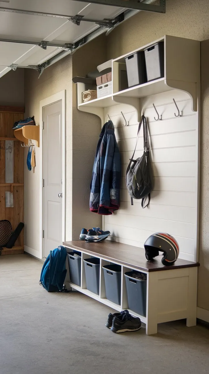 Say goodbye to clutter and hello to this dreamy mudroom garage! This garage drop zone offers the perfect blend of functionality and style.  From the built-in bench and storage to the thoughtfully placed hooks, this garage entryway is a masterclass in garage organizing and provides plenty of garage storage inspiration.