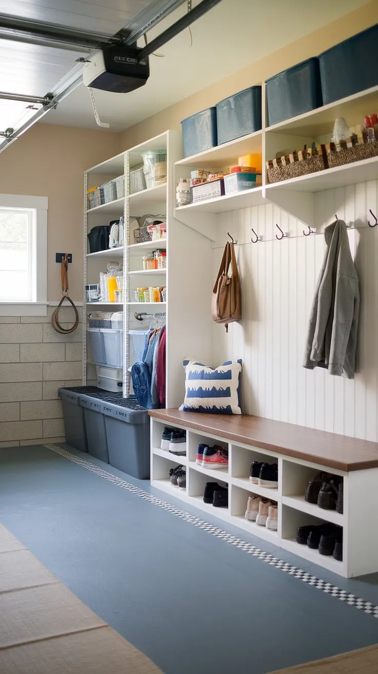 From drab garage to fab mudroom entryway! This garage drop zone is the ultimate in garage organizing, offering stylish storage solutions and a designated space to ditch the day's debris.  The checkered floor adds a touch of whimsy to this functional garage storage inspiration.