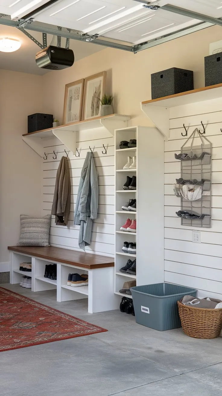 From chaotic entryway to organized oasis! This mudroom garage boasts a dedicated drop zone and ample storage, proving that garage organizing doesn't have to be a chore.  This garage storage inspiration showcases how a little planning can turn a garage entryway into a functional and stylish mudroom.
