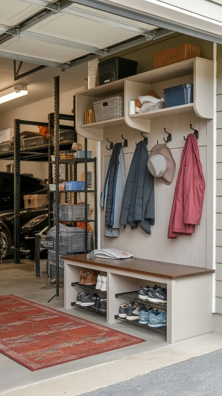 From cluttered chaos to organized calm: This garage mudroom entryway transformation is pure garage storage inspiration.  The designated garage drop zone and clever use of shelving and hooks make coming and going a breeze.  Garage organizing doesn't have to be a chore!