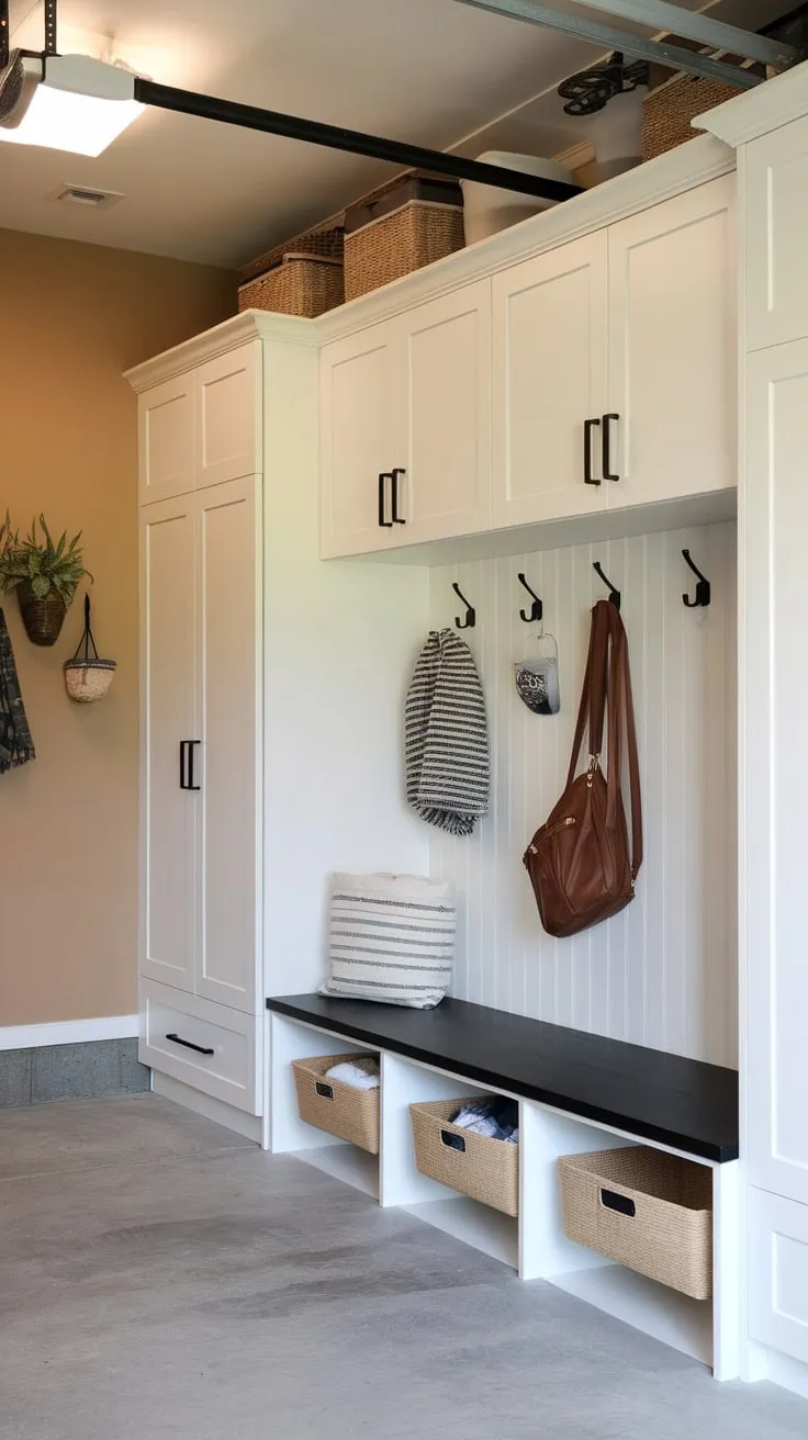 Organized functionality meets stylish simplicity in this bright garage mudroom featuring white cabinetry, lockers, and a black storage bench on a concrete floor.