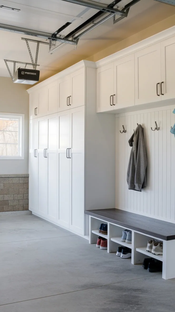 Organized white cabinetry and practical storage solutions transform a garage into a functional and stylish mudroom.