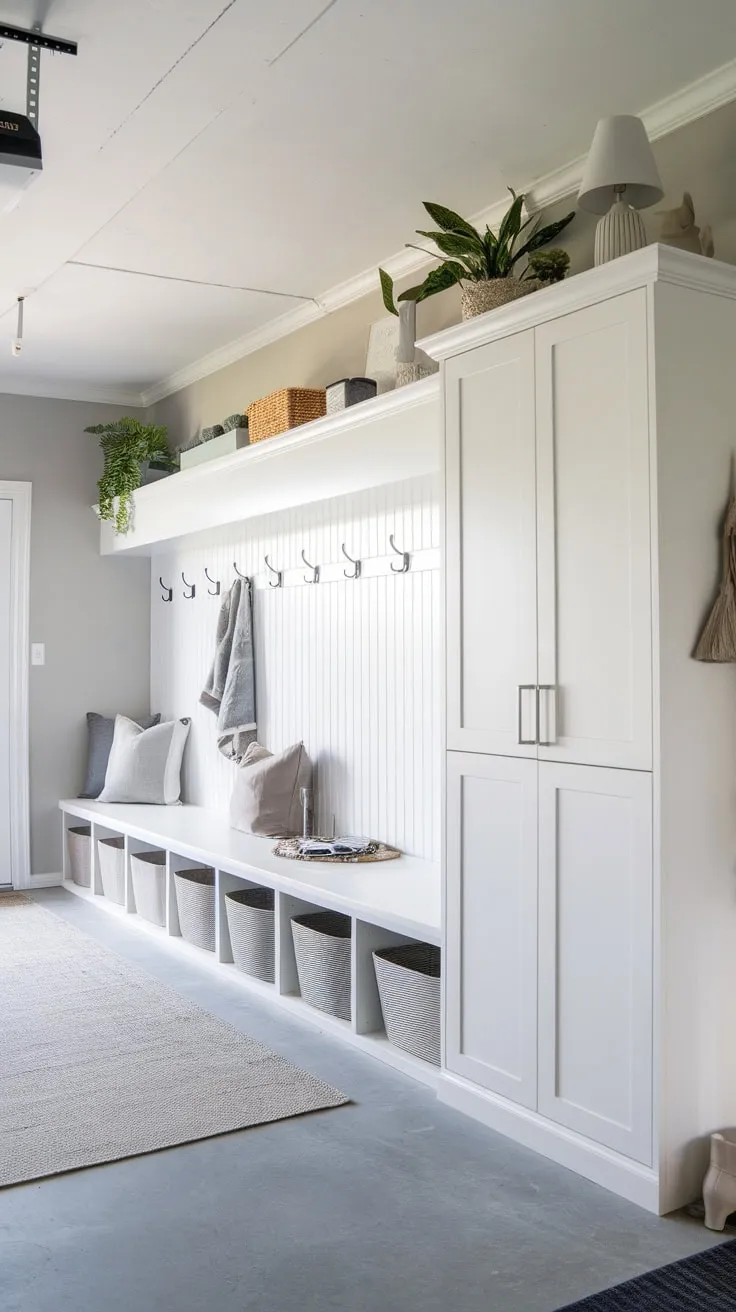 A renovated garage now shines as a light grey and white mudroom, complete with ample storage and charming personal touches.
