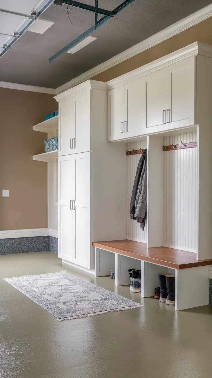 Transform your garage into an organized and inviting mudroom featuring white cupboards, textured floors, and ample storage for coats, shoes, and gear.