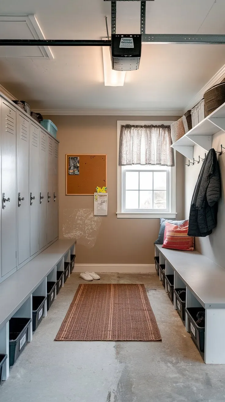 This garage renovation is transforming into the ultimate mudroom!  Mudroom lockers keep everything organized, while the bench with storage bins and charming mudroom decor add a touch of warmth to this functional garage mudroom space.  The result? A stylish and practical mudroom in garage that seamlessly blends form and function.