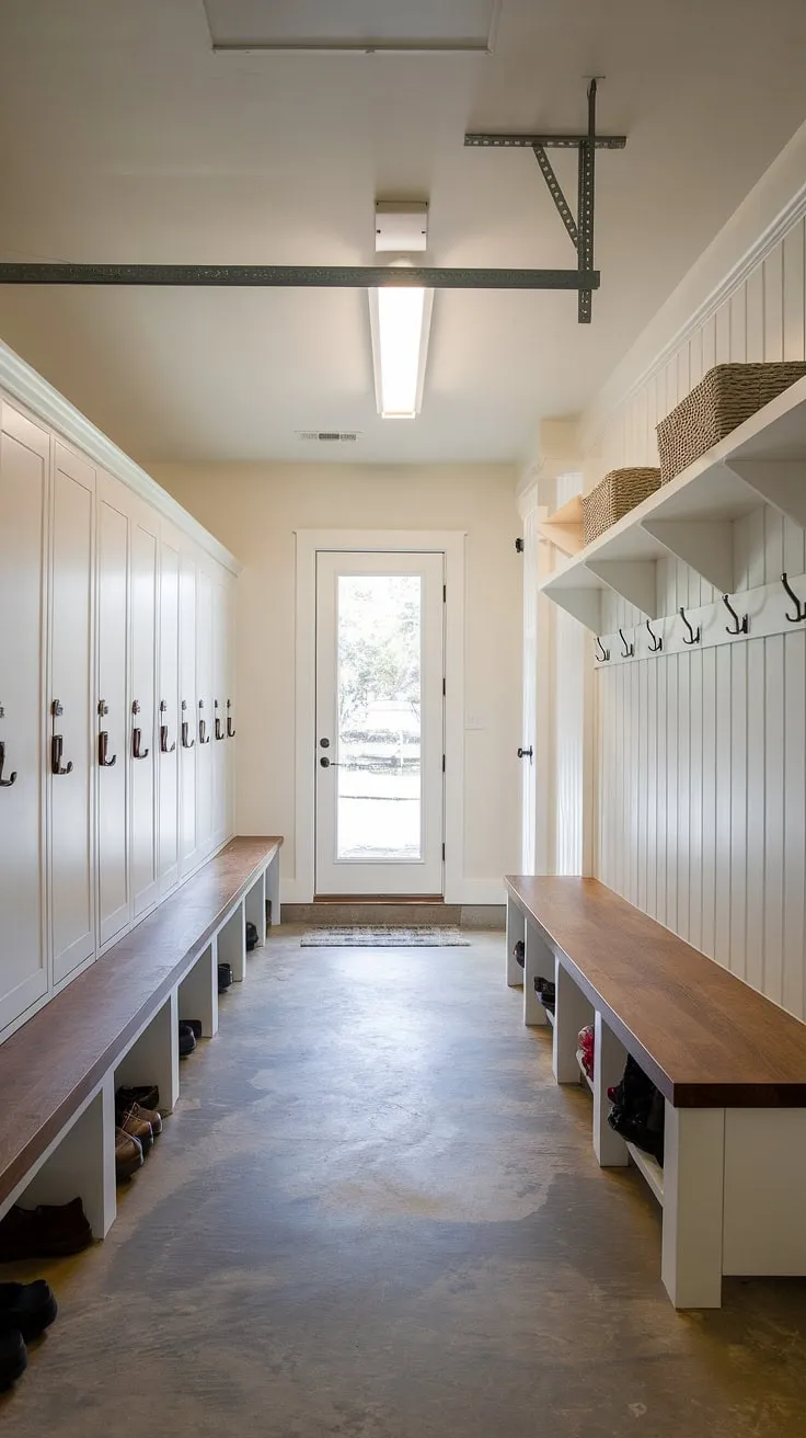 This garage remodel is a game-changer!  A dedicated mud room garage area, complete with mudroom lockers, a built-in bench, and open shelving, provides the ultimate organization solution.  The bright, airy space showcases clever mudroom decor and proves that a garage mudroom can be both stylish and incredibly practical.