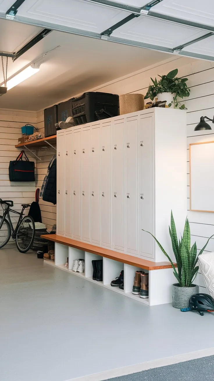 Garage remodel complete! This mudroom in garage boasts sleek mudroom lockers, a cozy bench, and plenty of room for gear.  The light and airy space is the perfect mudroom decor solution for busy families, showcasing how a garage mudroom can be both practical and aesthetically pleasing.